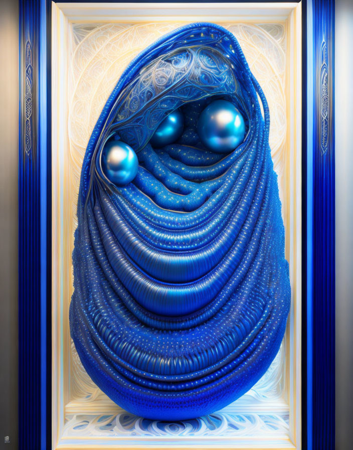 Blue abstract digital artwork with layered cocoon structure and glossy eye-like spheres in decorative frame.