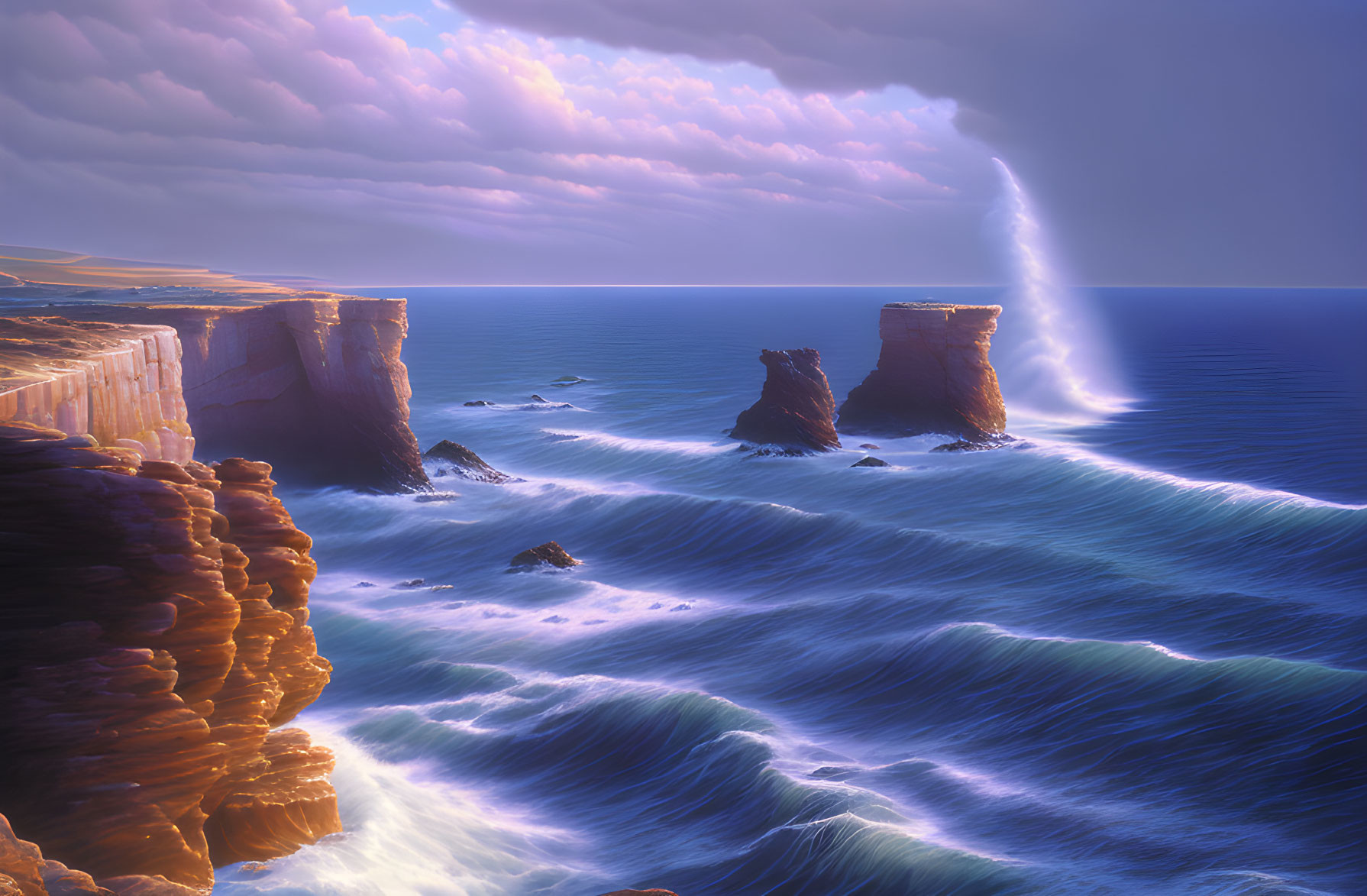 Coastal Scene: Dramatic Cliffs, Purple Sky, Water Spout