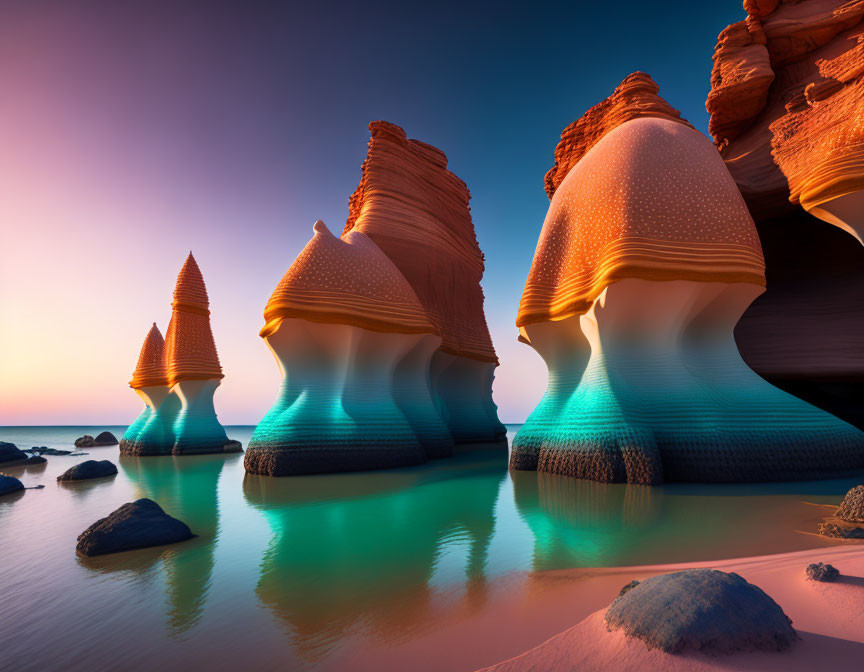 Layered Rock Formations and Turquoise Tide Pool in Surreal Sunset Landscape