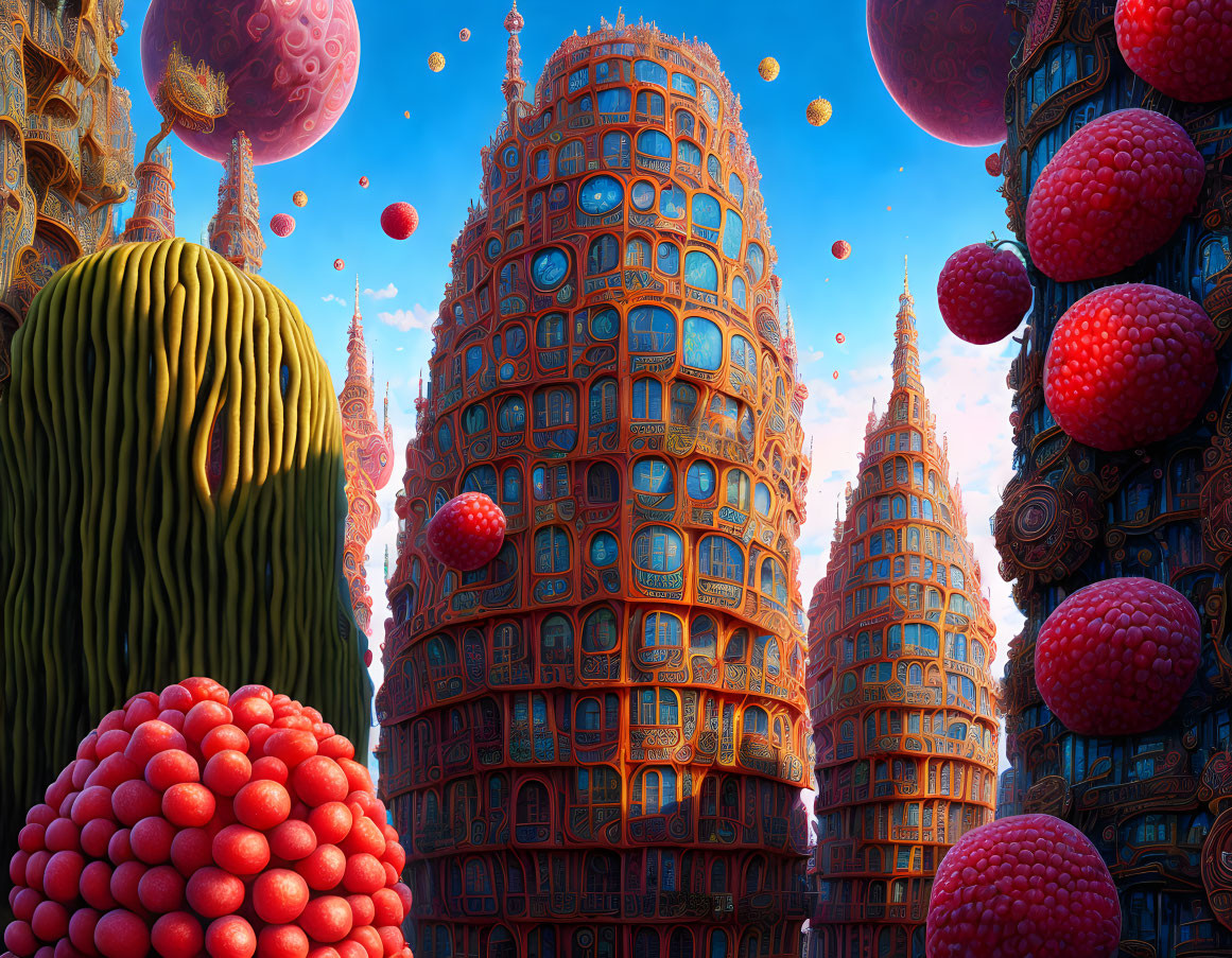 Surreal landscape with towering buildings and oversized fruit under blue sky