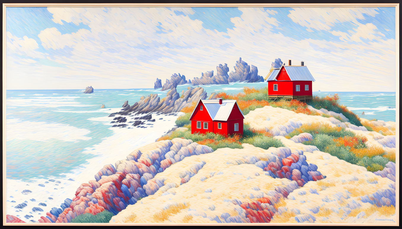 Vibrant flowering dunes with red-roofed houses by serene sea