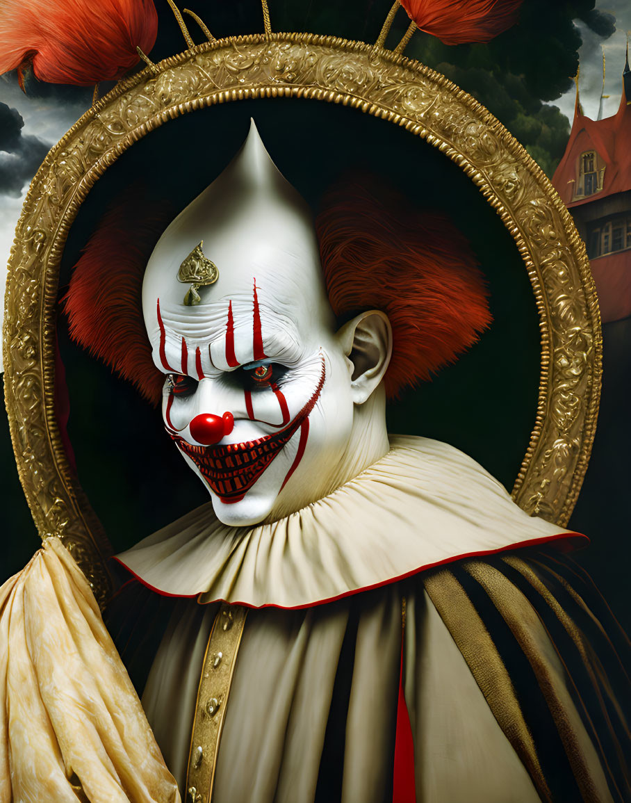 Sinister clown with white face and golden costume against dark castle backdrop