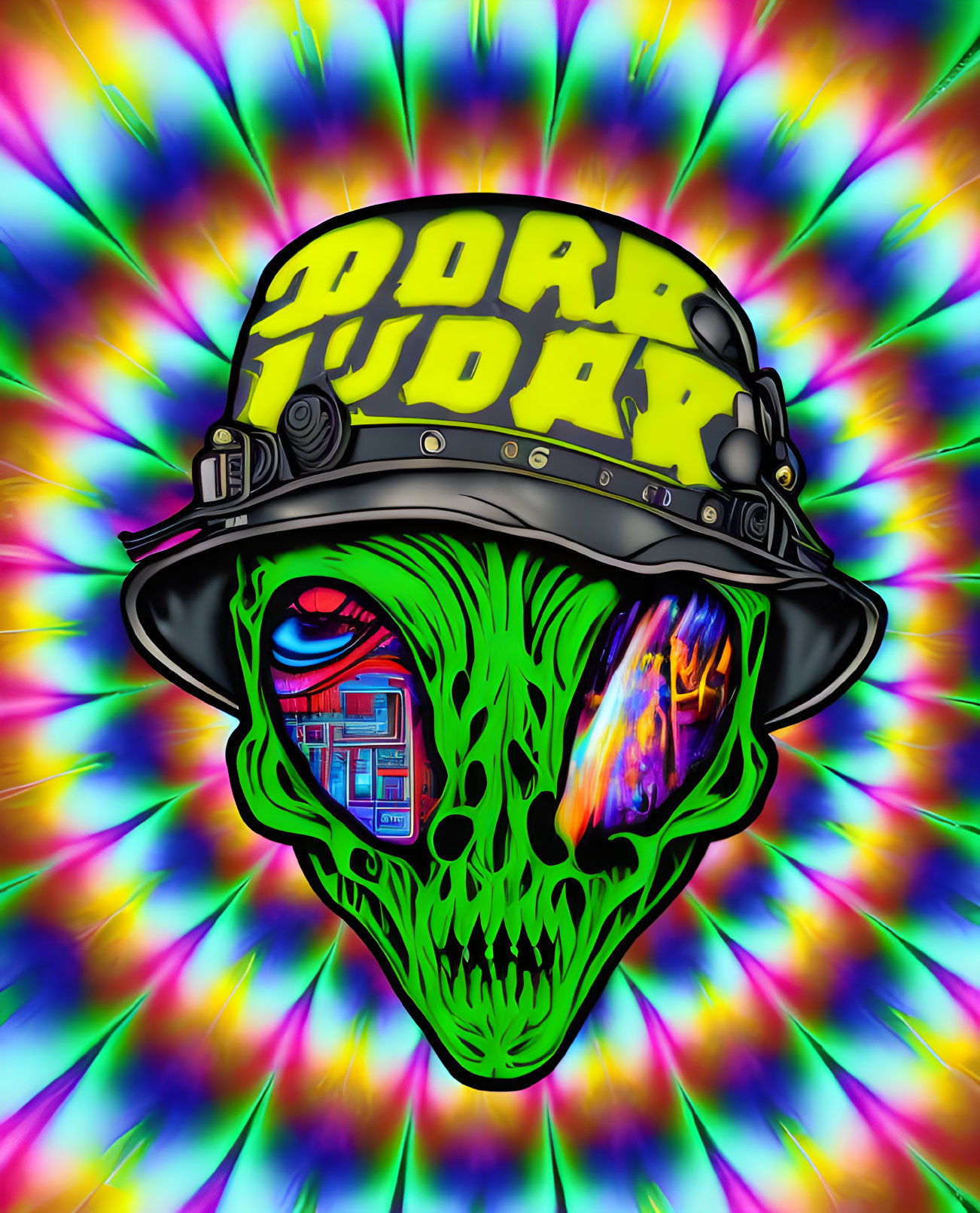 Neon green skull with yellow helmet on colorful swirl background