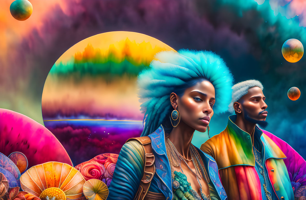 Colorful digital artwork: stylized figures with afros in surreal landscapes