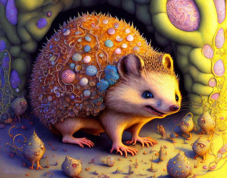 Colorful Hedgehog Illustration in Fantasy Landscape