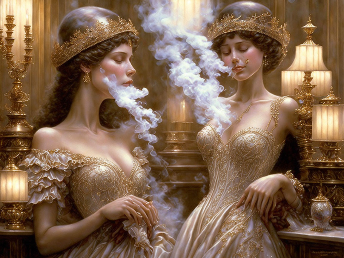 Elegantly Dressed Women in Golden Gowns Surrounded by Glowing Lamps