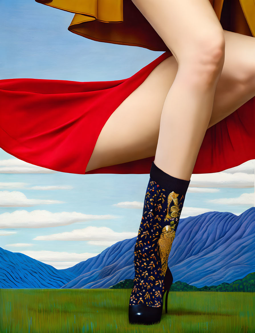 Stylized painting of legs in black socks and shoe, red dress, blue sky, mountain.