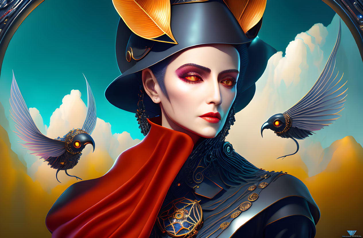 Stylized portrait of woman in military outfit with mechanical birds on blue sky.