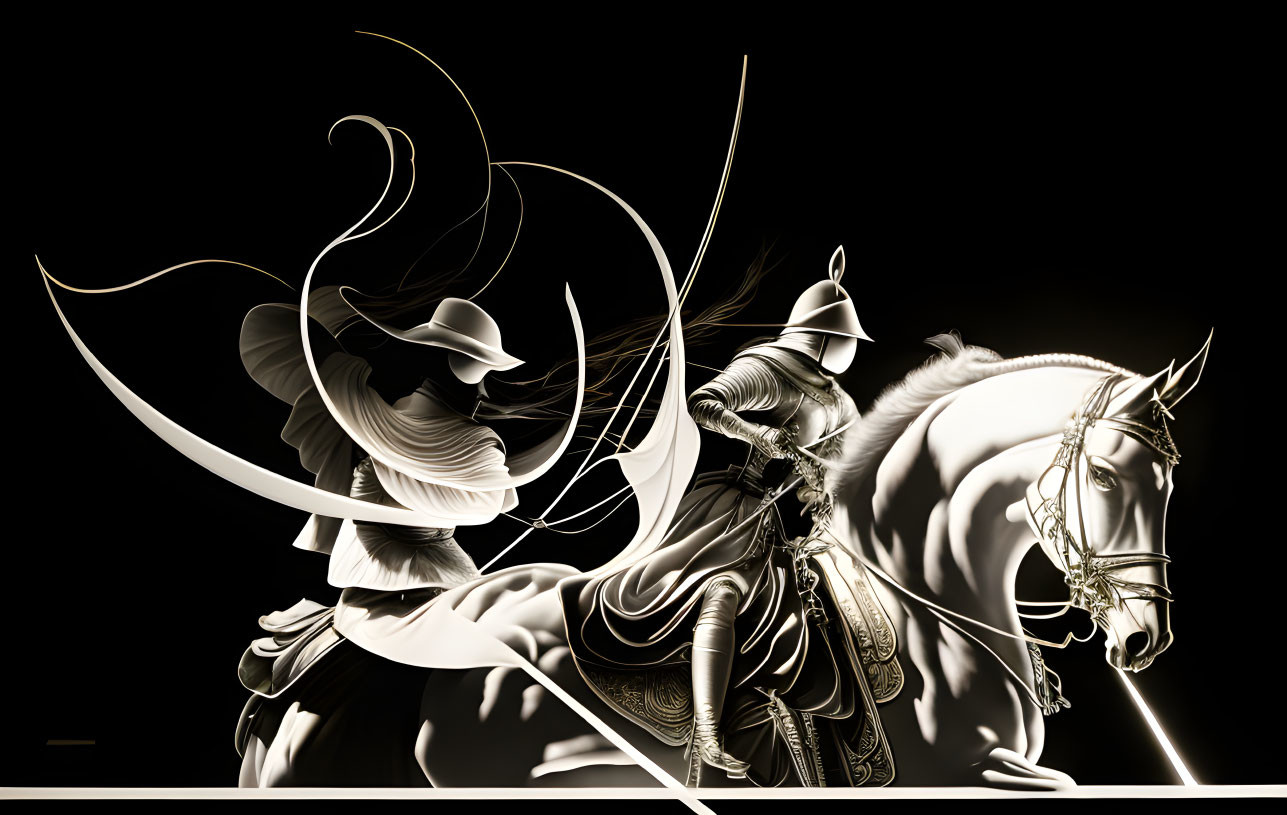 Monochrome abstract artwork: stylized samurai on horseback with swirling lines