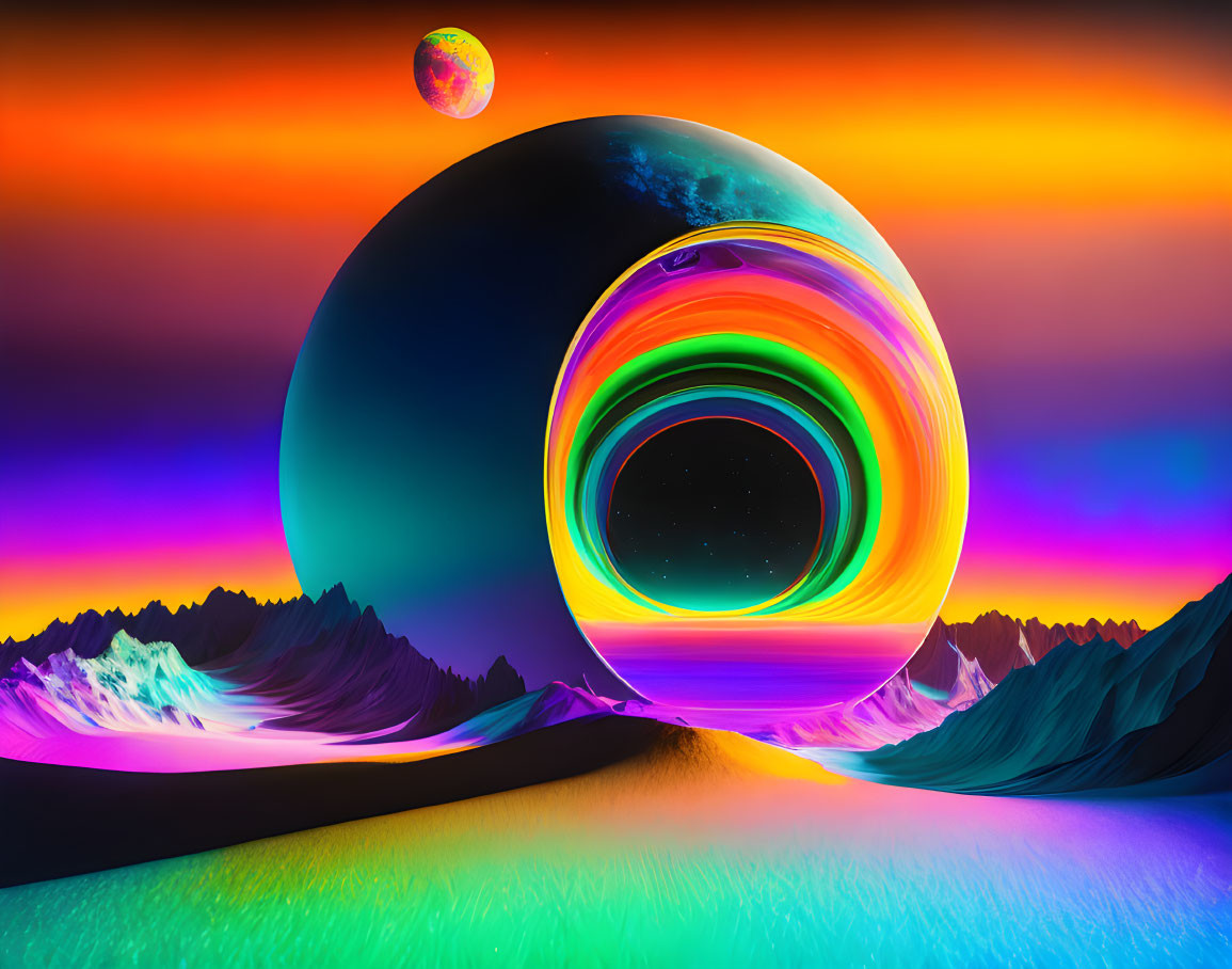 Multicolored landscapes with surreal portals and a contrasting planet