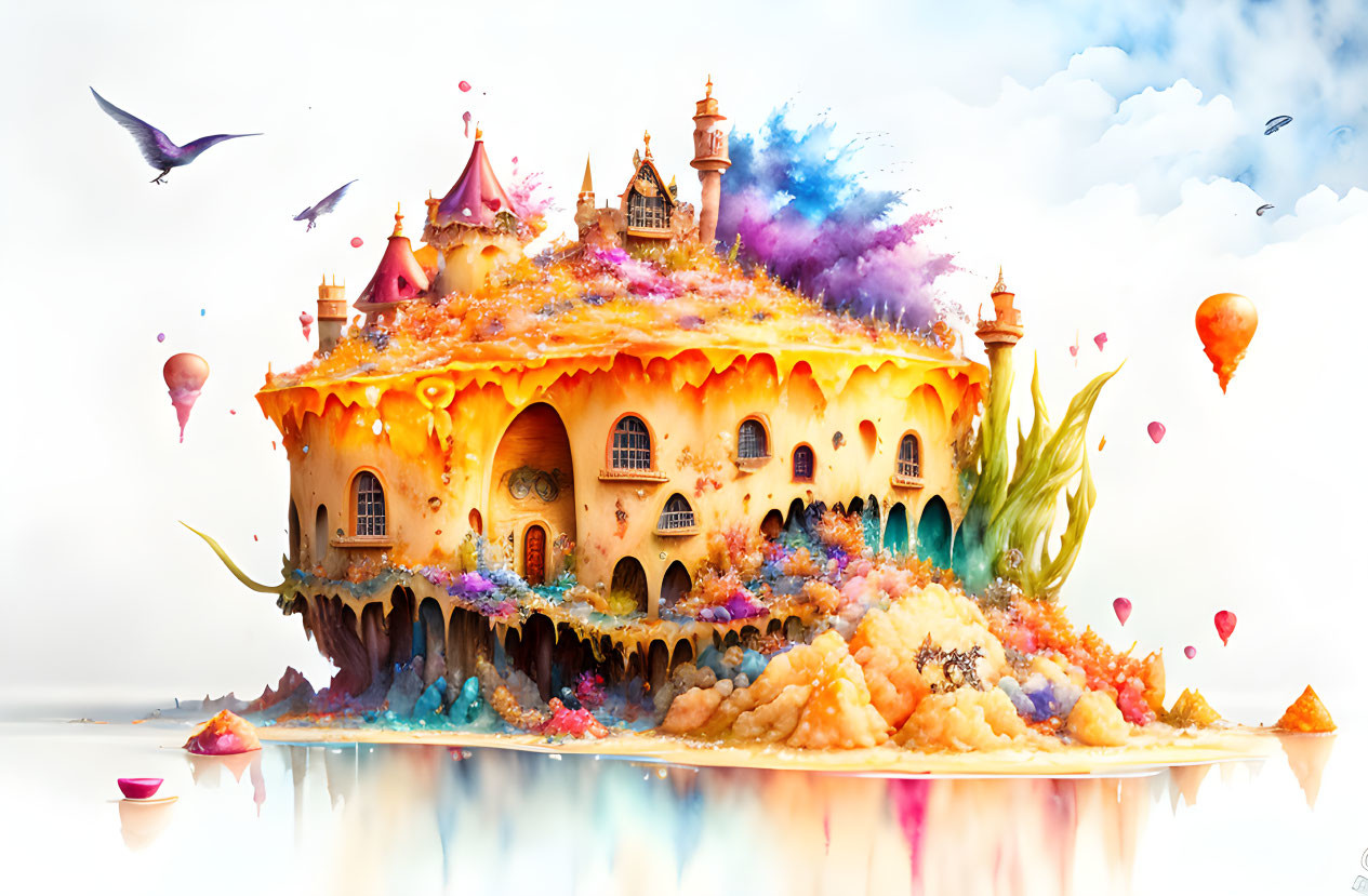 Whimsical castle with colorful textures, hot air balloons, bird, and serene water.