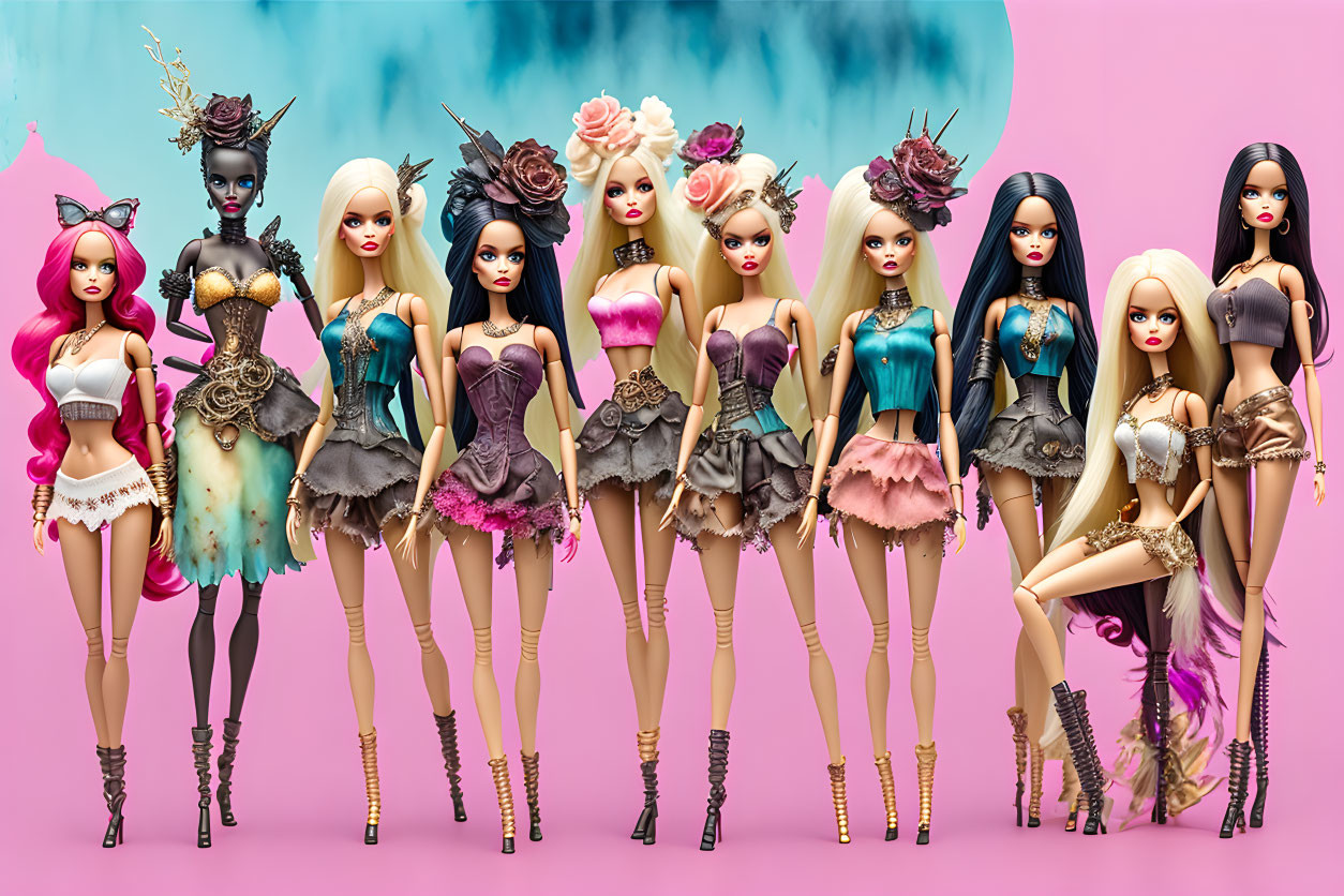 Ten stylized fashion dolls with elaborate outfits and hairstyles in various poses on pink and turquoise backdrop