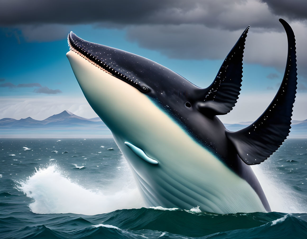 Humpback whale breaching with open mouth against cloudy skies