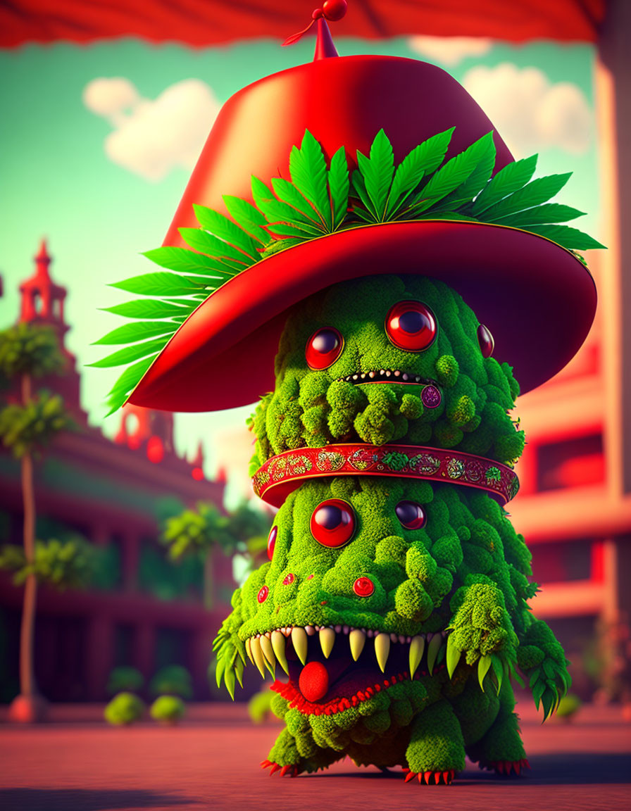 Green Three-Eyed Monster in Red Sombrero at Asian Temple