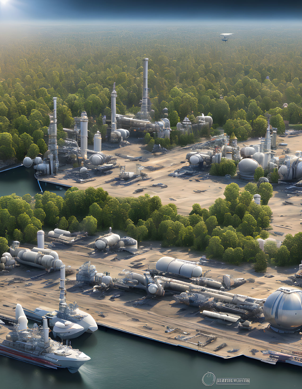 Industrial facility with tanks and chimneys near dock and ship in forest setting