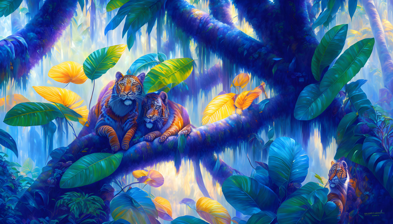 Colorful Jungle Scene: Two Tigers Resting on Branches