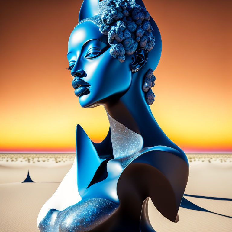 Stylized 3D Woman with Blue Skin in Sunset Desert