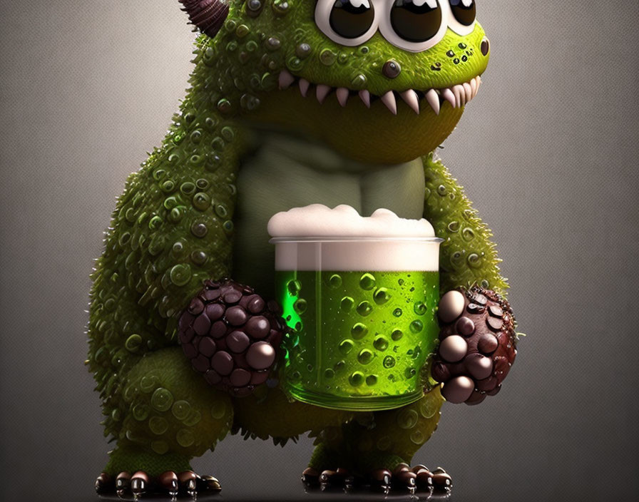 Green monster with scales and horns holding a mug of green liquid