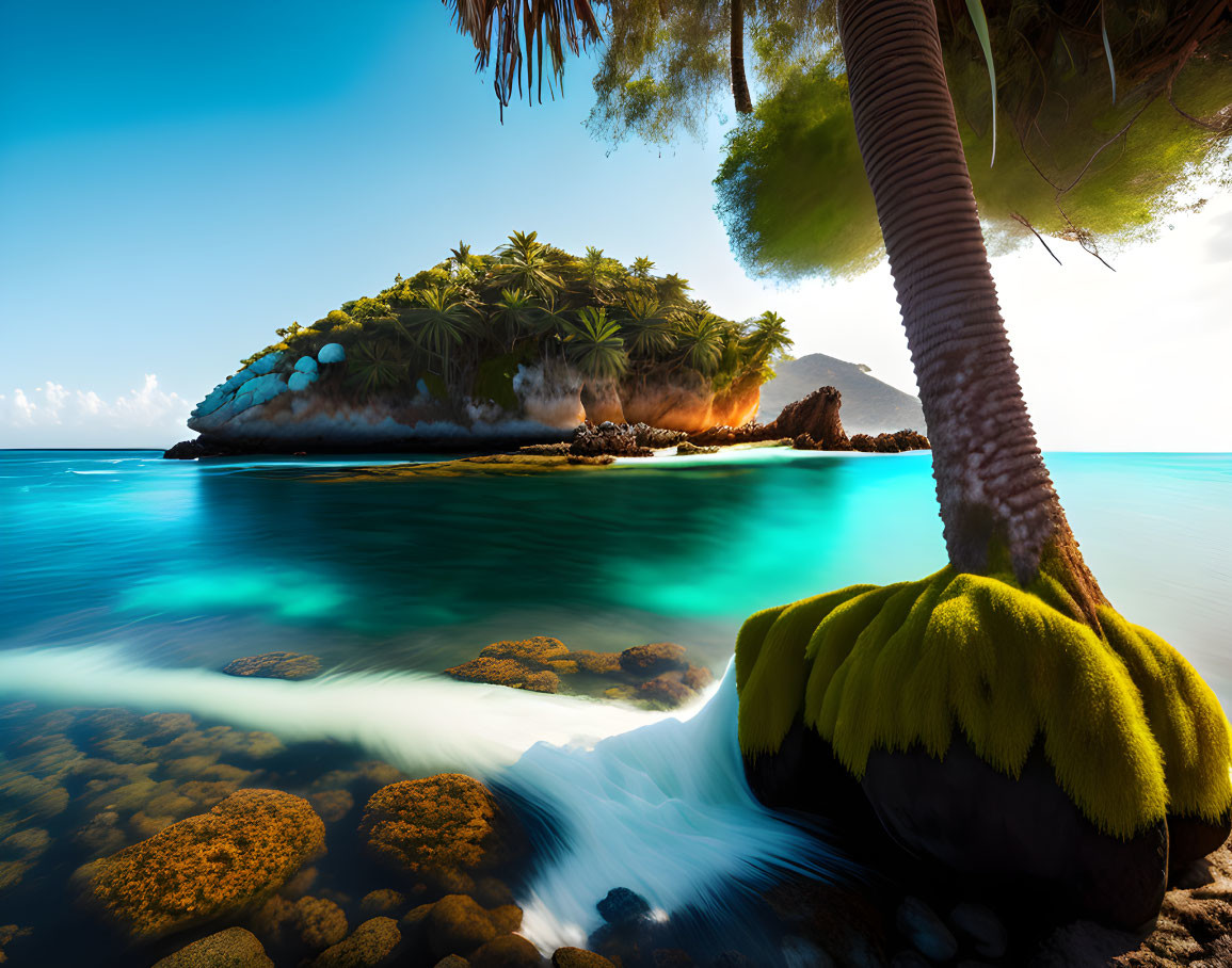 Tropical island with palm trees and clear blue waters seen from low angle