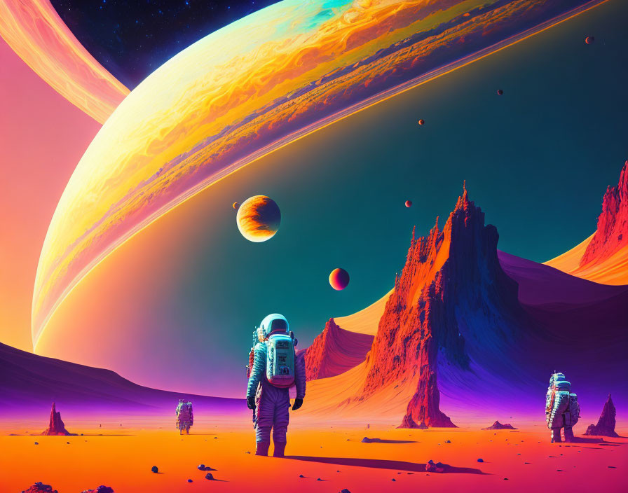 Astronauts exploring vibrant alien planet with large celestial bodies in colorful sky.