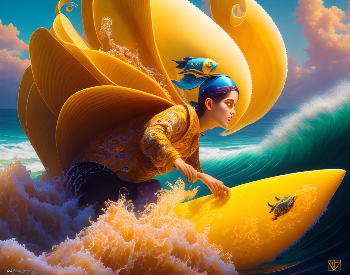 Surreal illustration of woman surfing with ornate shell and peacock feathers