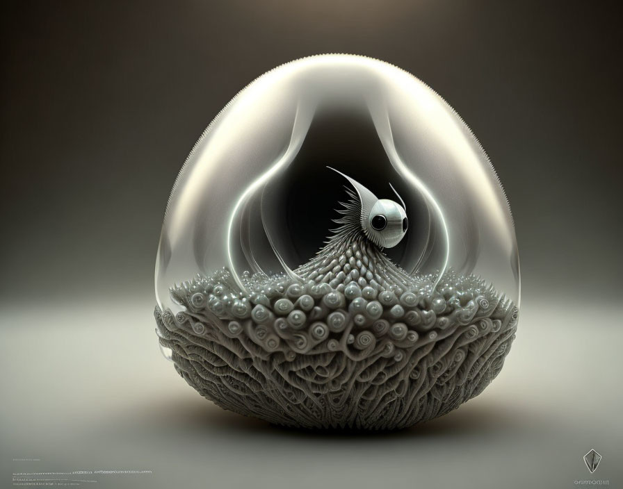 Surreal 3D artwork: Glossy egg-shaped structure with central eye and intricate coral-like