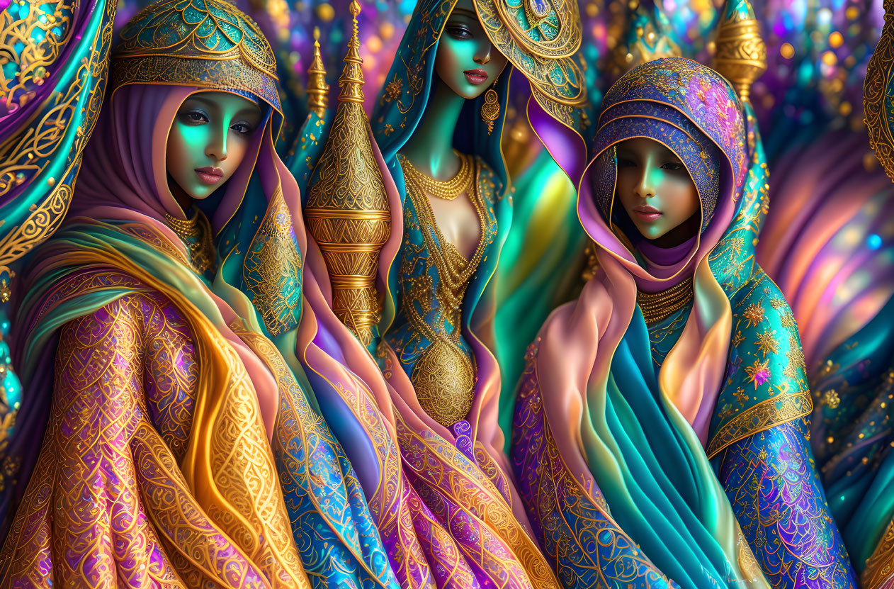 Colorful female figures with gold patterns and mystical aura in vibrant setting