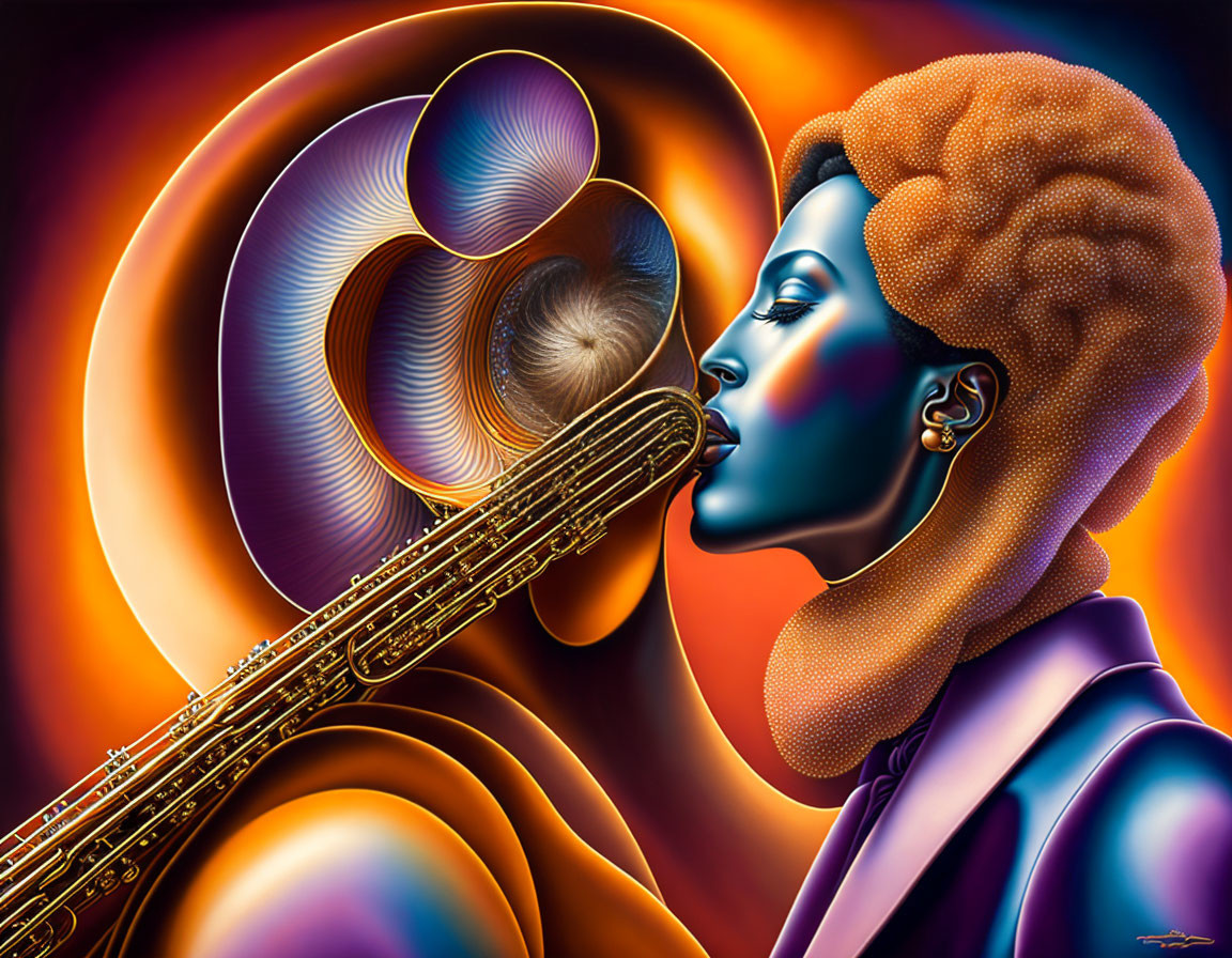 Colorful Afro Profile Playing Saxophone in Psychedelic Background