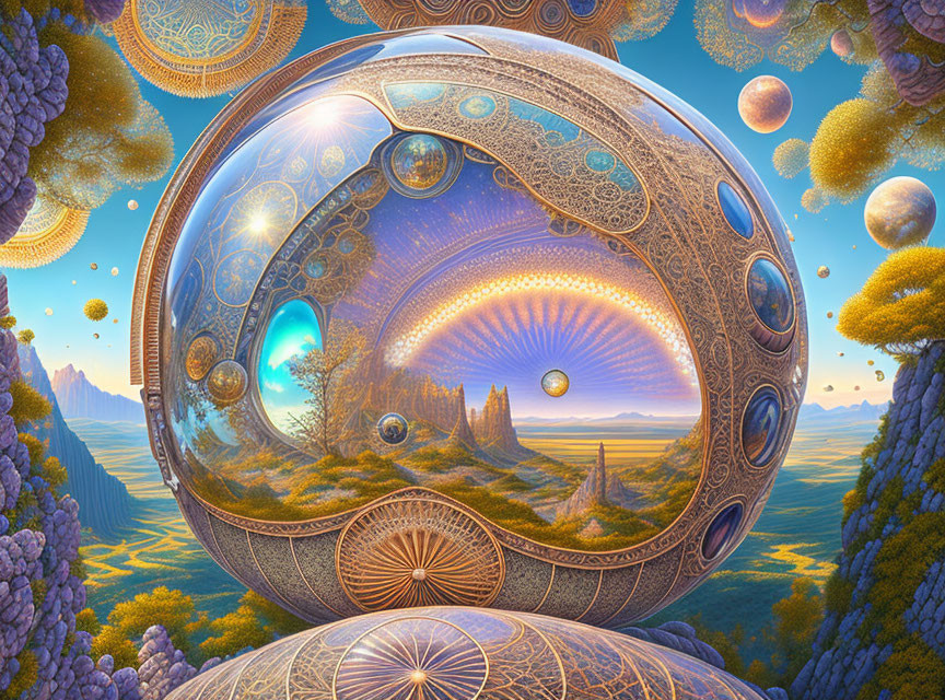 Colorful surreal landscape with floating spherical structures and glowing horizon