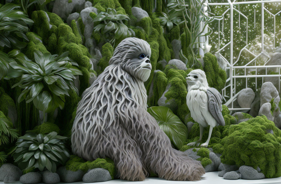 Fantastical furry creature with small bird in lush greenery.