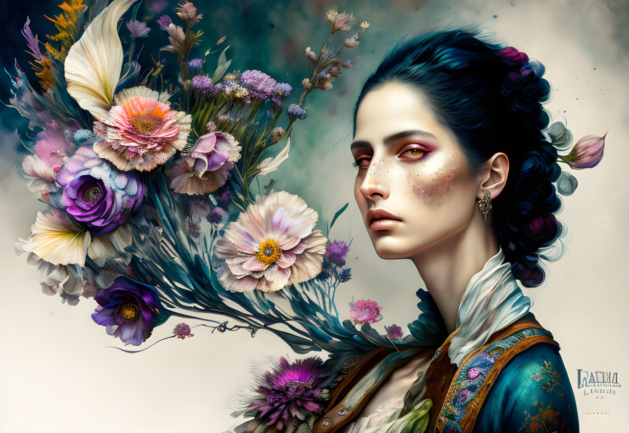 Dark-haired woman with vibrant floral arrangements in surreal portrait