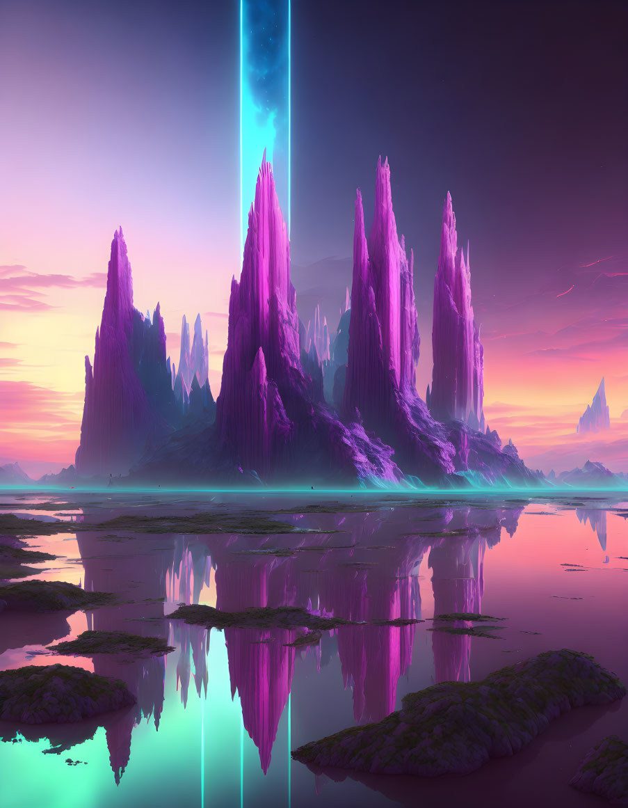 Alien landscape with purple crystal formations and glowing blue beam