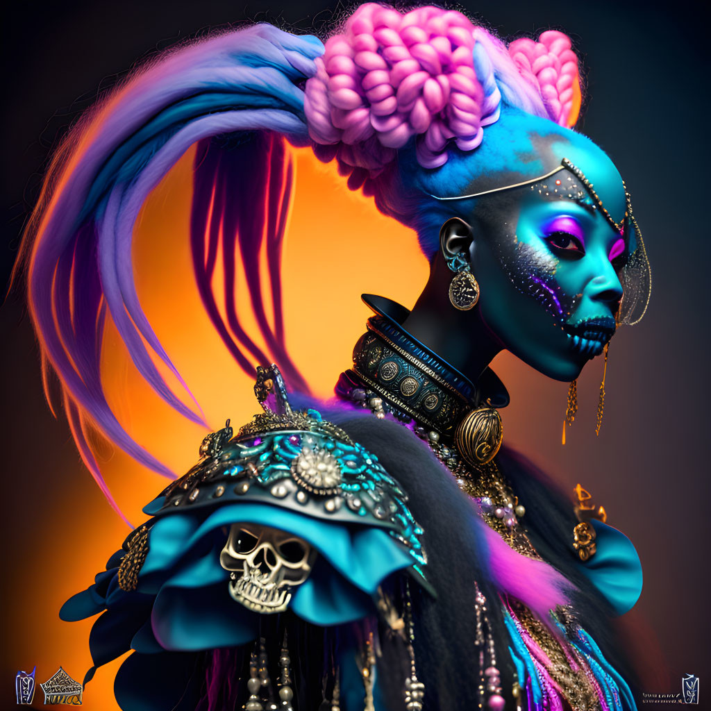 Colorful digital artwork: Woman with blue skin, purple braided hair, skull-themed jewelry, striking