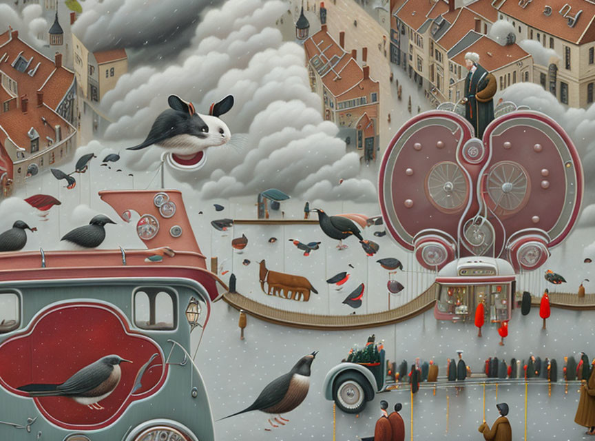 Surreal cityscape with anthropomorphic buildings and flying creatures