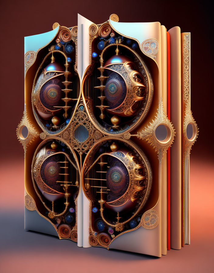 Steampunk-style mechanical book with abstract face design