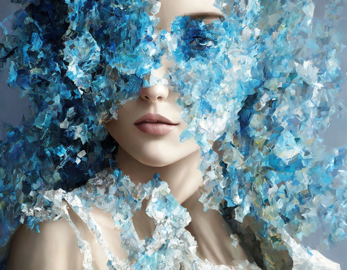 Portrait of woman with blue crystalline shattered glass textures