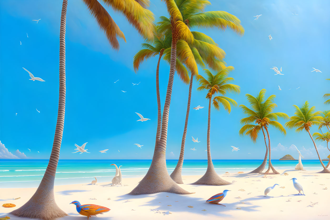 Swollen palm trees, white sand, blue sky: Tropical beach scene with birds