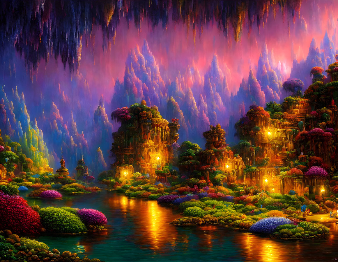 Fantastical landscape with glowing structures and purple sky