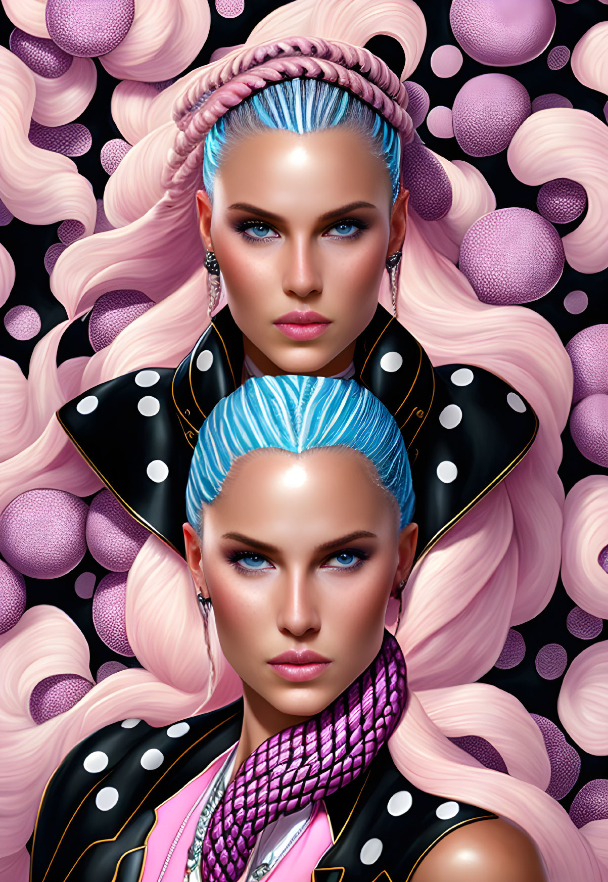Striking blue hair women with bold makeup in pink and purple spheres