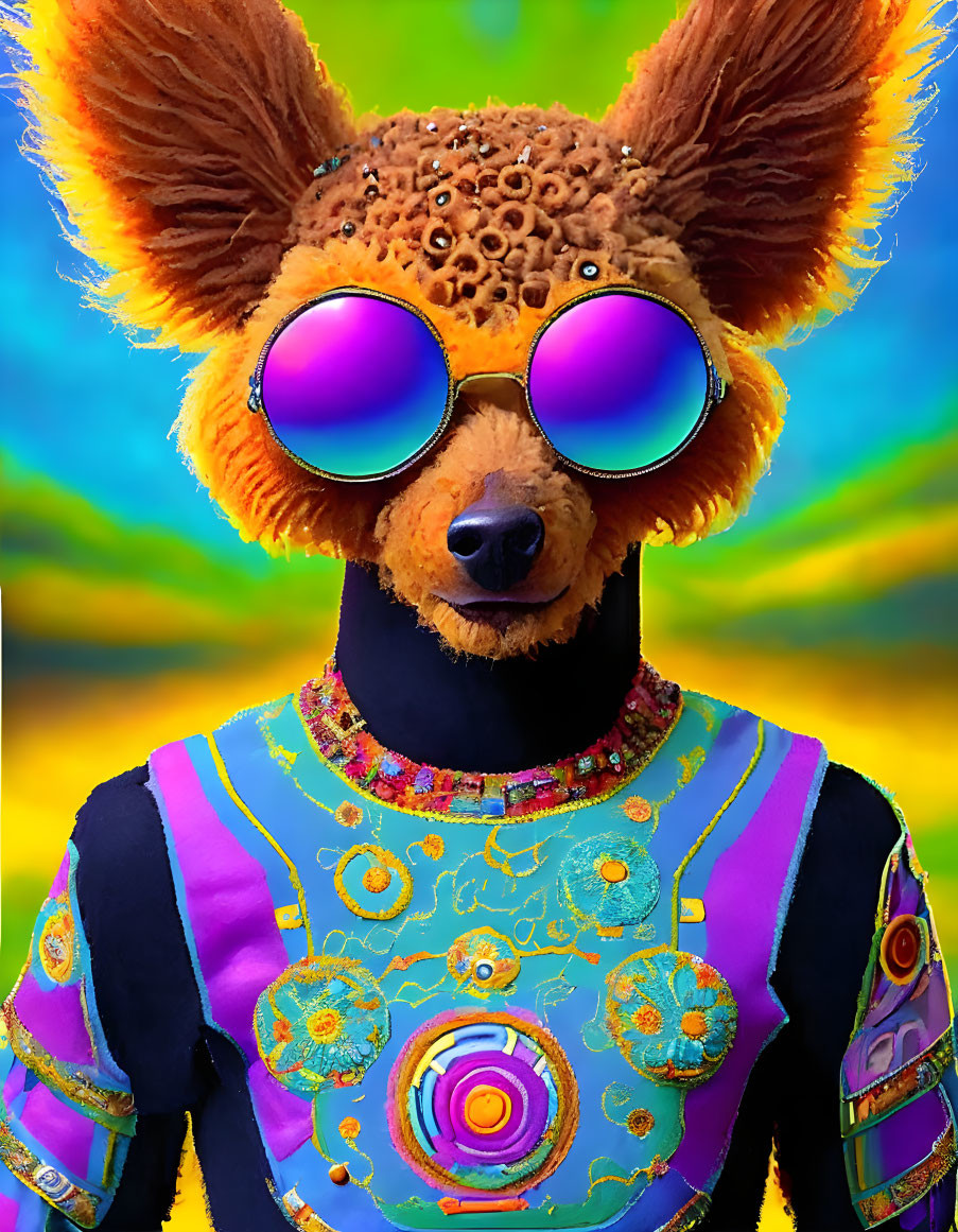 Colorful Costume with Animal Head and Psychedelic Glasses on Swirled Background