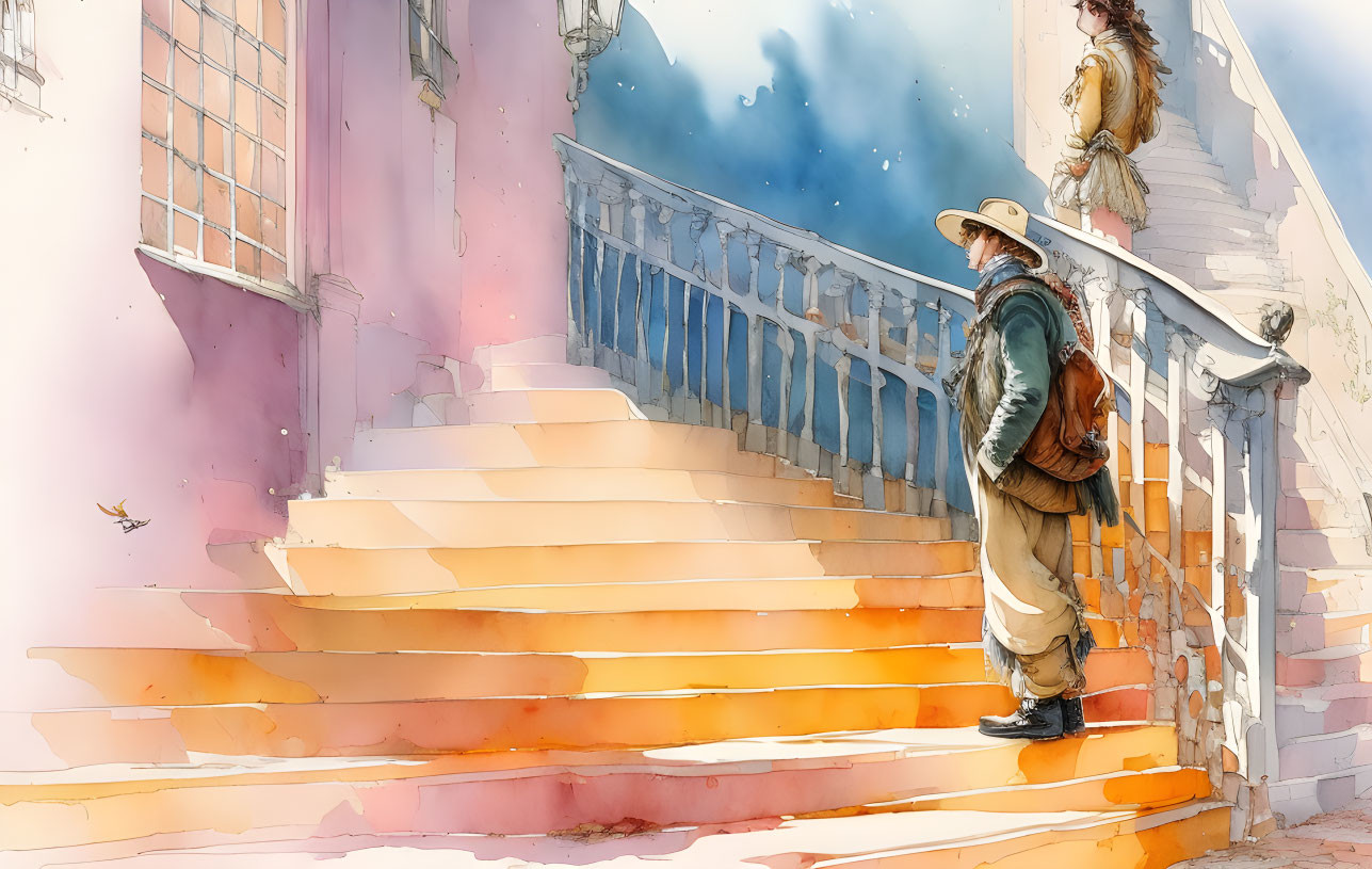 Watercolor illustration of person in cowboy attire on sunlit steps observing a butterfly.