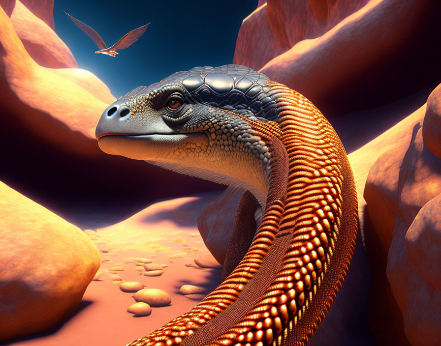 Majestic dragon-like creature in desert landscape with bird under orange sky