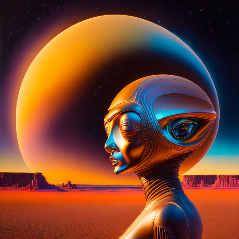 Alien with large eyes in desert sunset with planet horizon