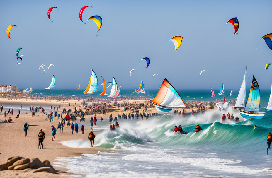 Vibrant beach scene with kitesurfers, sailboats, waves, and crowds.