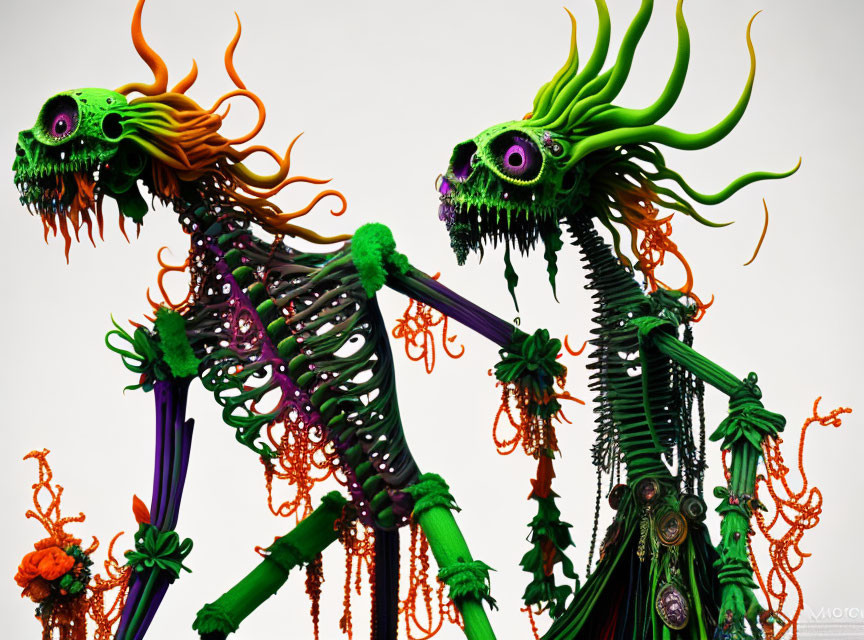 Fantastical skeletal figures with green skulls and flames and orange accents