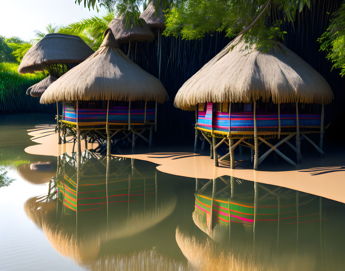 Colorful Thatched-Roof Huts on Stilts Reflecting in Calm Water