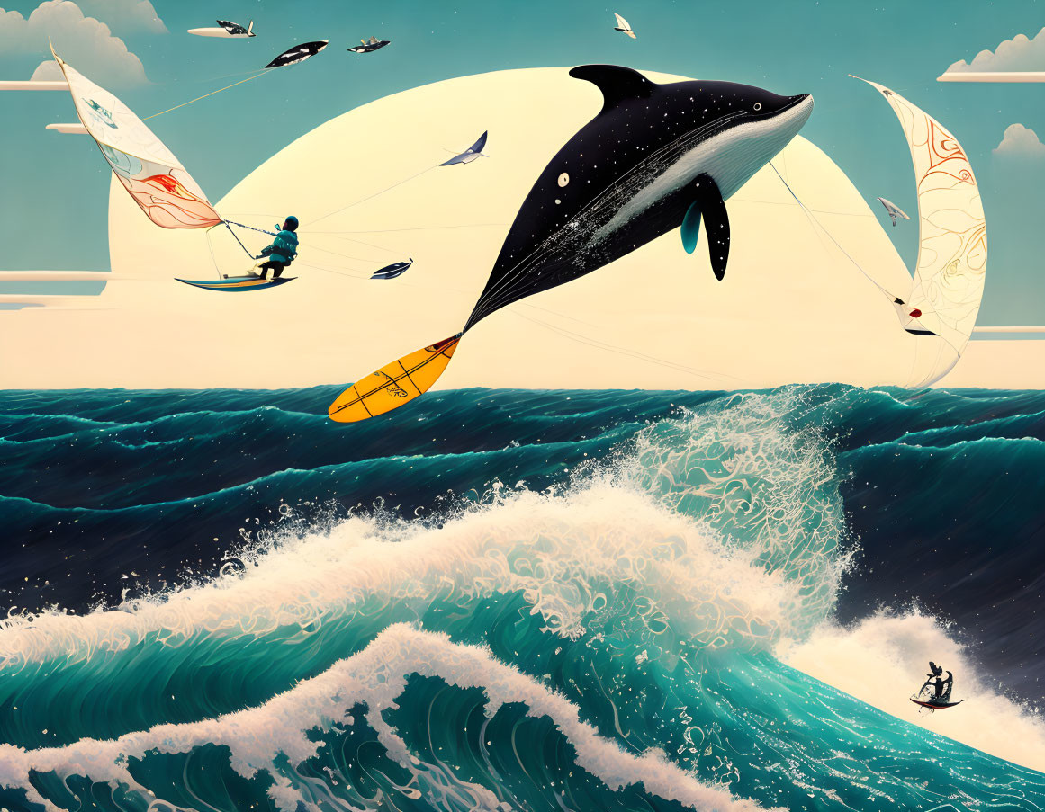 Illustration: Person windsurfing with flying fish, whales, and kites over ocean waves