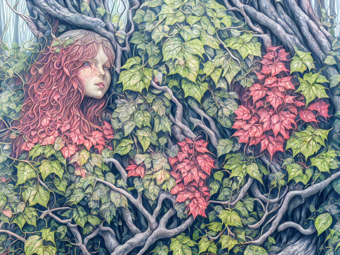 Surreal artwork: Woman's face in vines against muted background