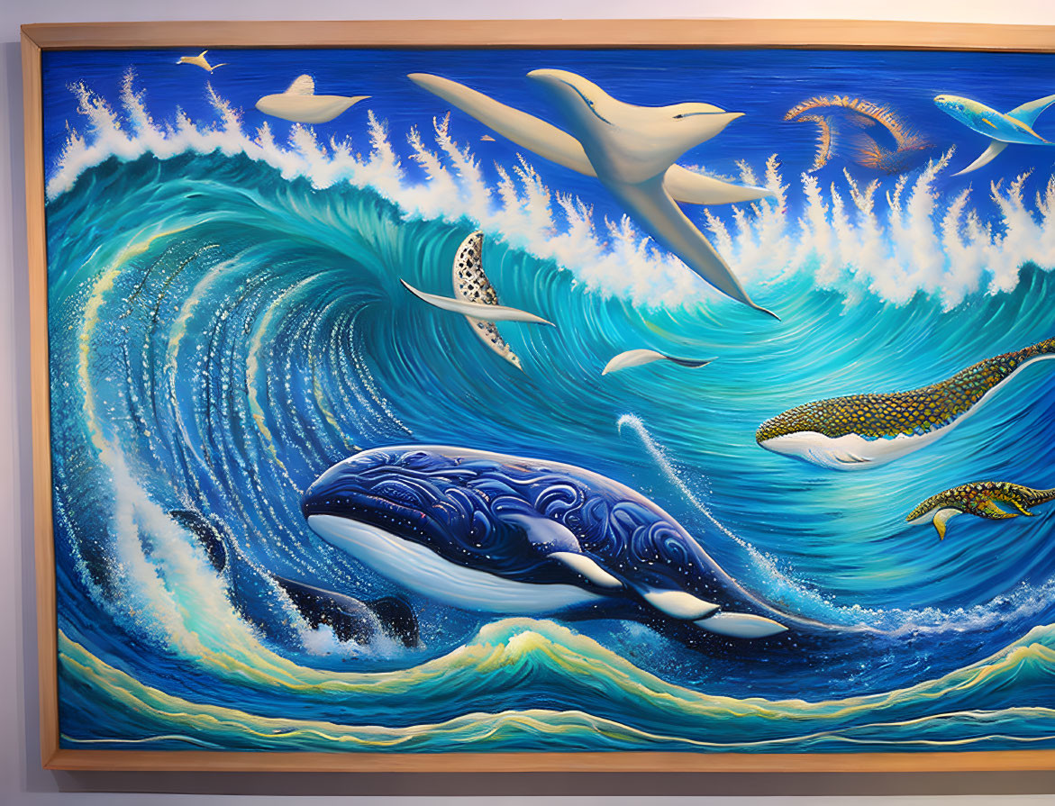 Colorful Ocean Wave Painting with Aquatic Animals