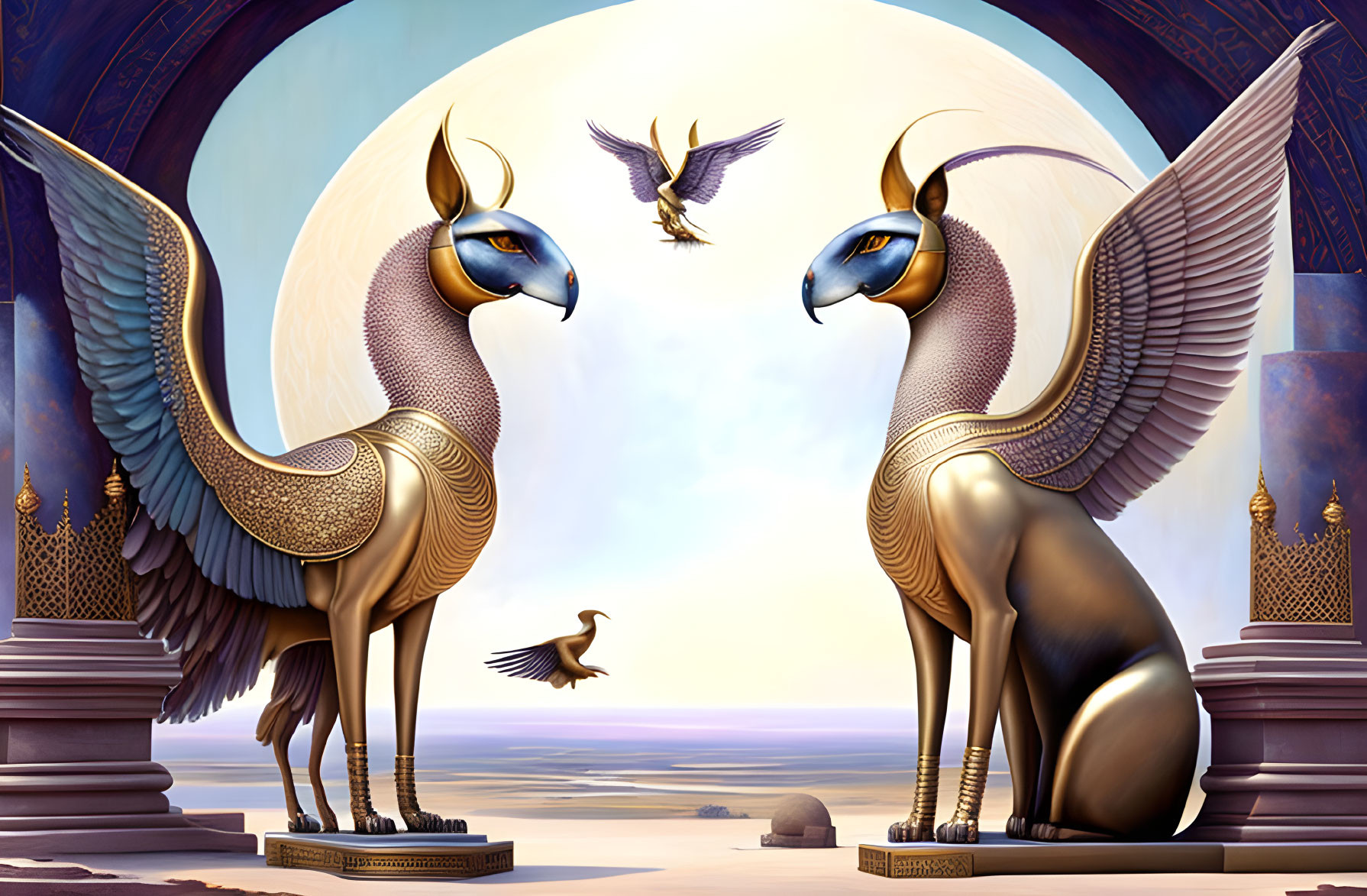 Mythical bird-like goat statues with desert sun and flying birds